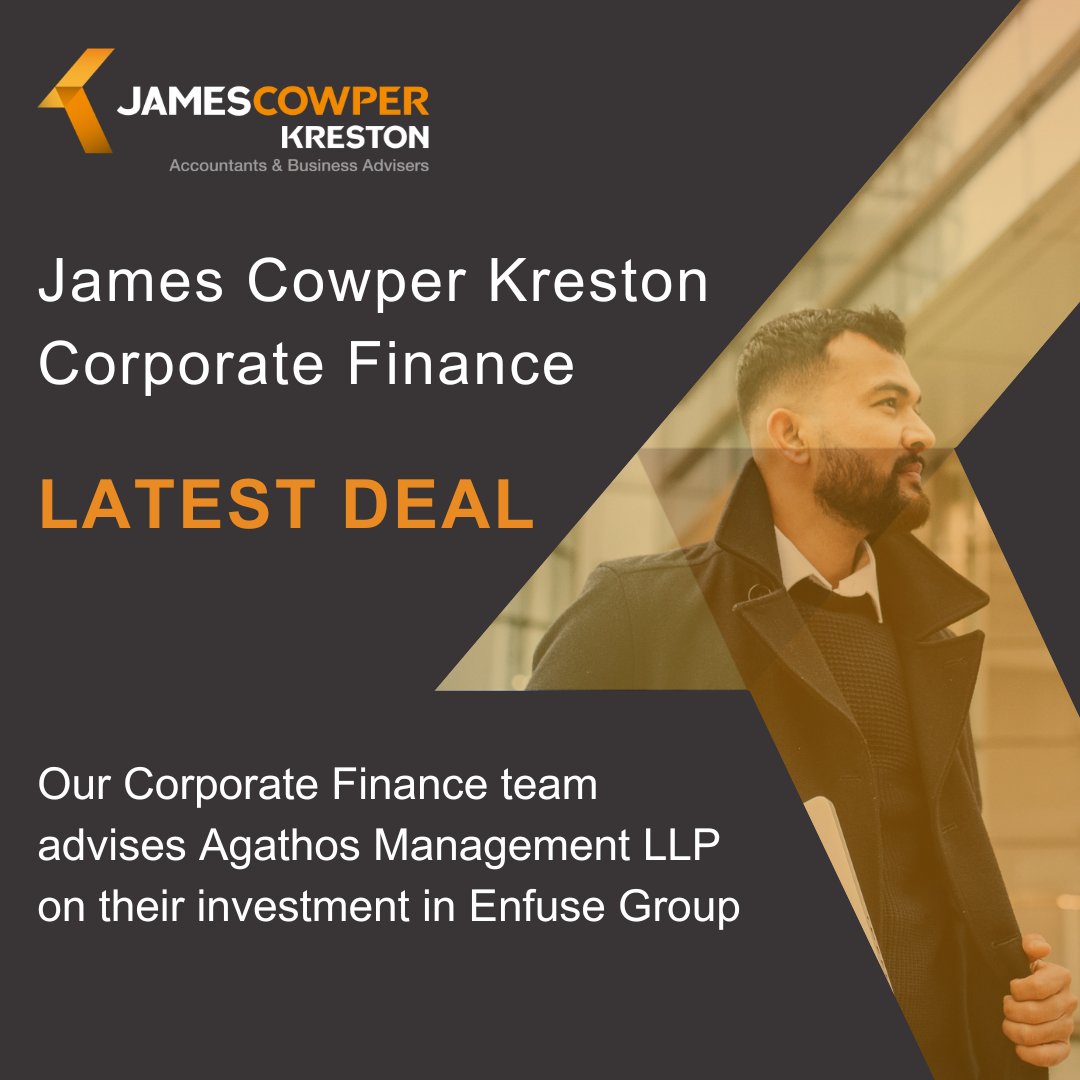 Our Corporate Finance team, led by Brad McAvoy, provided financial due diligence services to Agathos Management LLP on their investment in <a href="/weareenfuse/">Enfuse Group</a>.🤝

Read our full press release here 👉 jamescowperkreston.co.uk/news/our-corpo…

#LatestDeal #MaximiseYourPotential #JamesCowperKreston