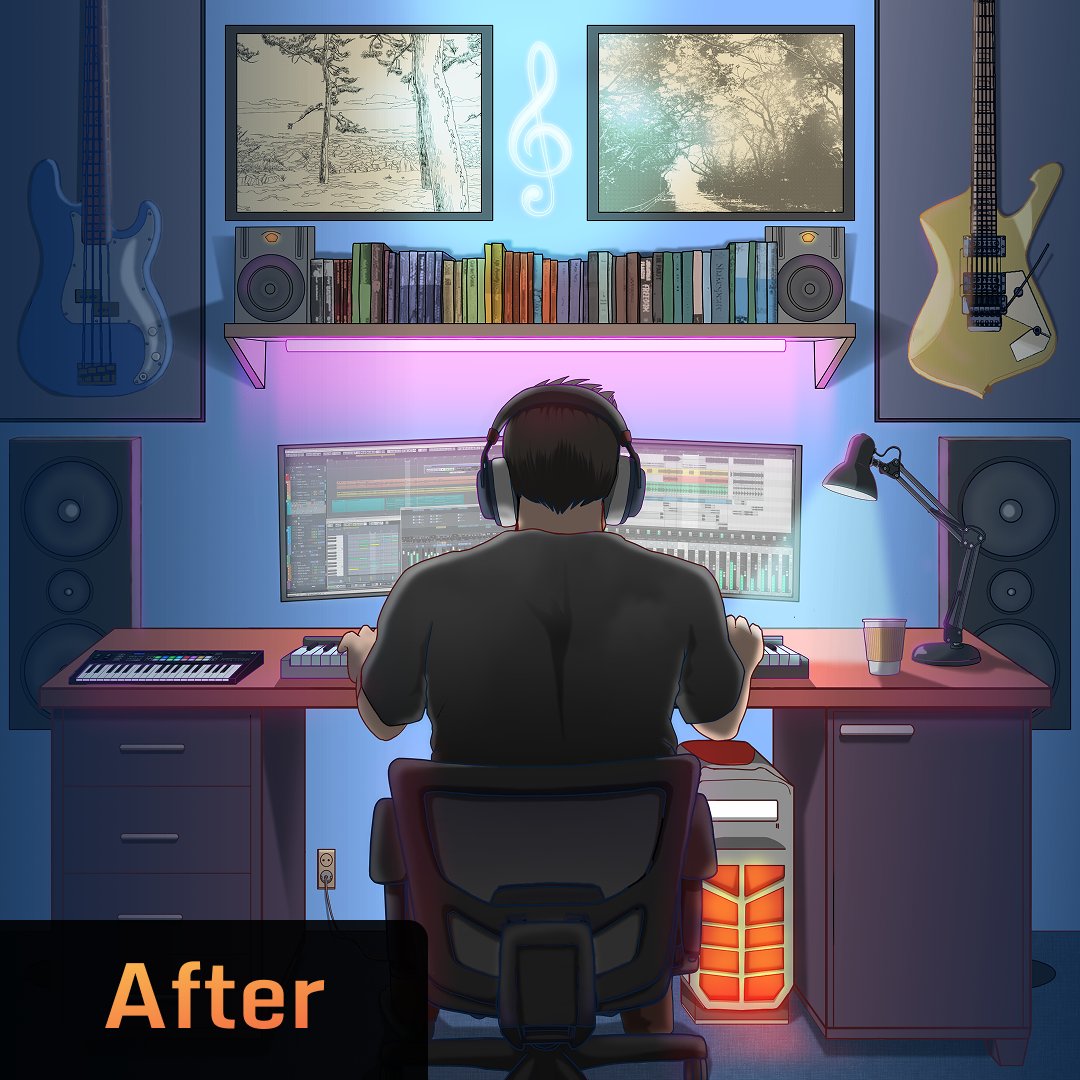 FesteezStudio's tweet image. 🖌️Sketch ---&amp;gt; Final Art — Music Producer Edition Louis, a music producer, wanted an art that reflected his zone.
 Just him, deep in the process — doing what he does best: creating sound from scratch.
So we built this concept around that energy. What do you guys think 🤔?