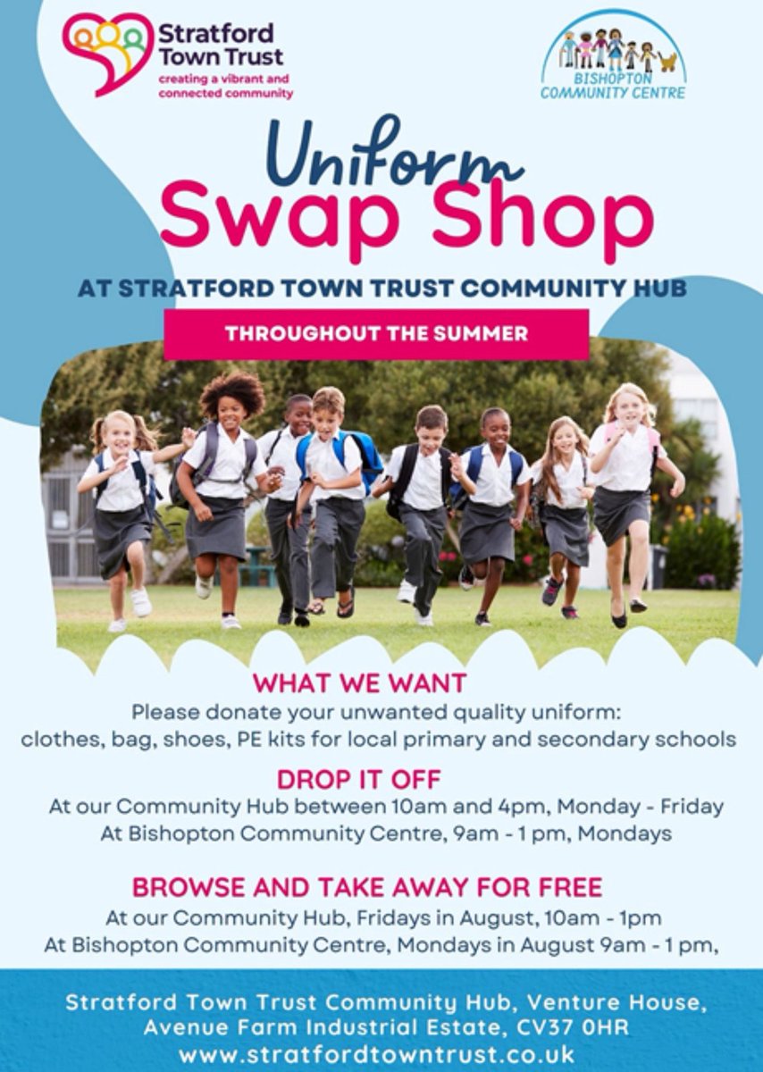 StraUponAvonSch's tweet image. Sun is shining, it must be time to think about uniform ⁦@OurTownTrust⁩ &amp;amp; Bishopton Community Centre are running a Uniform Swap Shop throughout the summer. Donate unwanted uniform &amp;amp; take away for free, great initiative #SuASCommunity