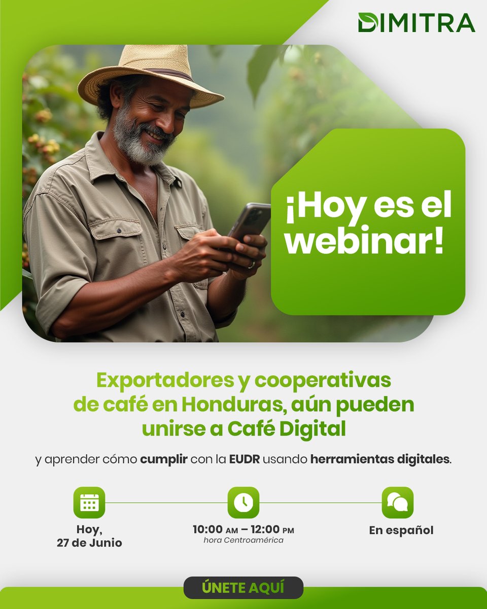 DimitraSpanish's tweet image. 📢 ¡Hoy es el webinar! Exportadores y cooperativas de café en Honduras, aún pueden unirse a Café Digital y aprender cómo cumplir con la EUDR usando herramientas digitales.
🕙 10:00 AM (hora Centroamérica)
📍 En español
🔗 Regístrate aquí: docs.google.com/forms/d/e/1FAI…
#CaféDigital…