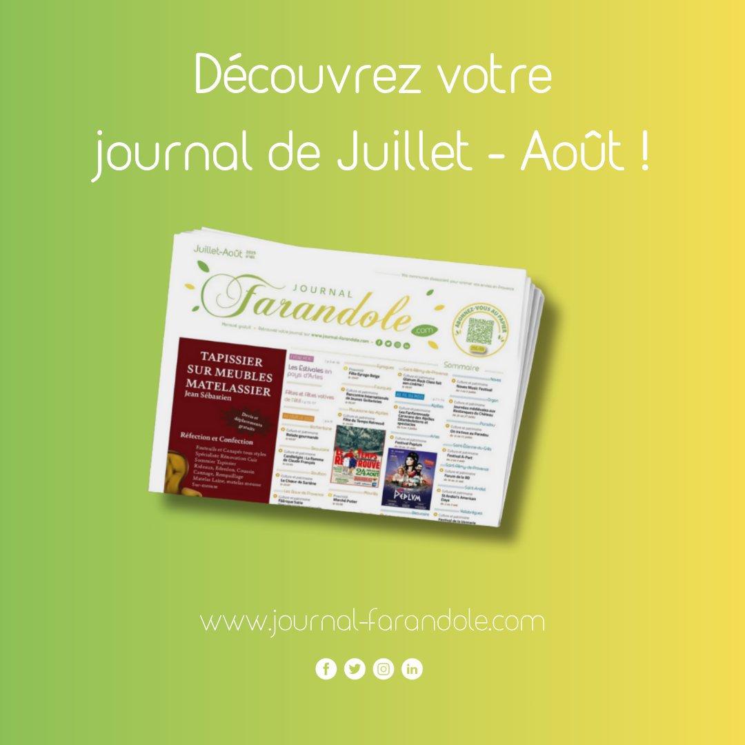 [#VotreJournal🗞 ]
En Juillet et Août, le Pays d'Arles et la Provence vous accueillent grâce au Journal Farandole !

📖 Lisez : urls.fr/3uhVEc
💻 Naviguez : swll.to/rFtWg1J
🙏 Soutenez : swll.to/BhByN

#Presse #BouchesDuRhône #PaysDArles #Provence #Été