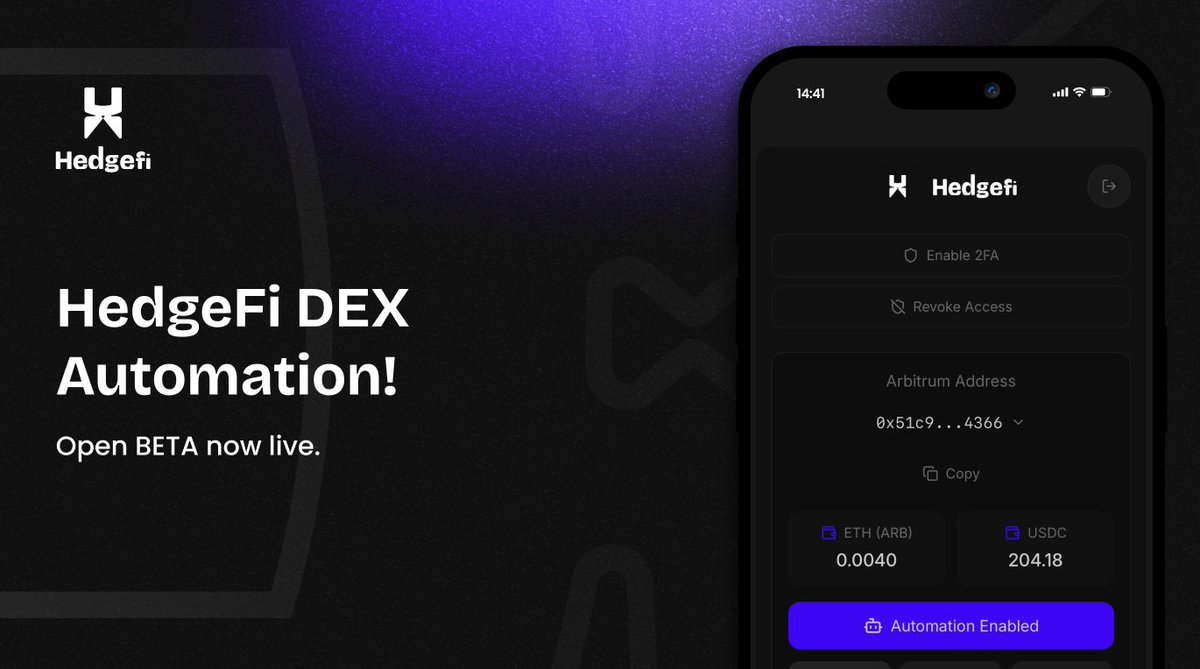 HedgeFi's Open Beta is LIVE!

Join our cutting-edge, non-KYC DEX automation platform. 

Following a successful closed beta and security audit, we're thrilled to open our platform to the public!

✅ Built on <a href="/OstiumLabs/">Ostium</a> &amp; <a href="/privy_io/">Privy</a> 
✅Audited by <a href="/AssureDefi/">Assure DeFi</a> 

Start trading: