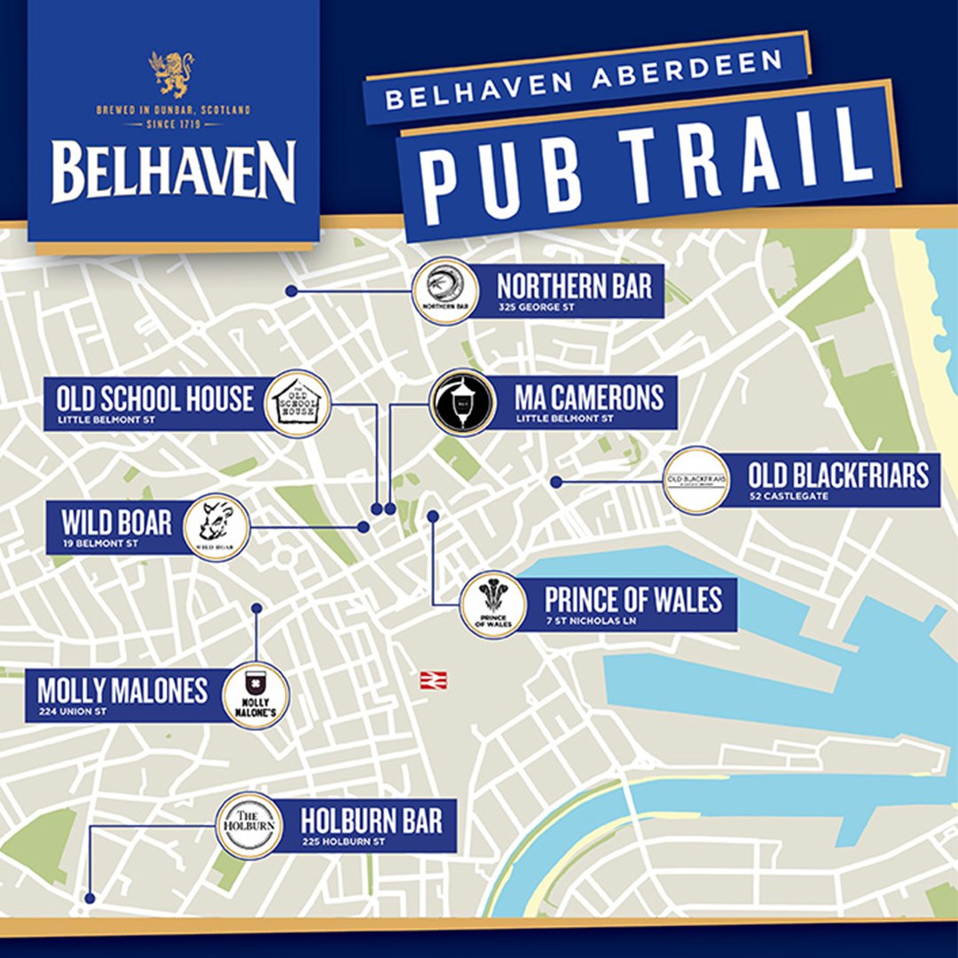 Whether you are a local or you are planning a trip to Aberdeen don't miss the Belhaven Aberdeen Pub Trail. 

Visit all 8 pubs on the map and you will get your very own Belhaven Pub Trail T-shirt! 🍺

belhaven.co.uk/pubs-near-me/a…

T&amp;C's apply. Promotion open to those aged 18+.