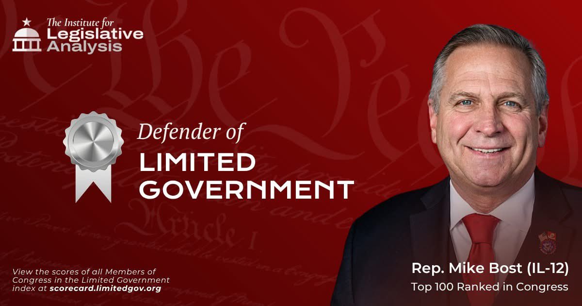 Honored to earn the Defender of Limited Government Award from the Institute for Legislative Analysis for my voting record in support of protecting individual liberty, reining in federal overreach, and standing up for the values Southern Illinoisans sent me to Washington to