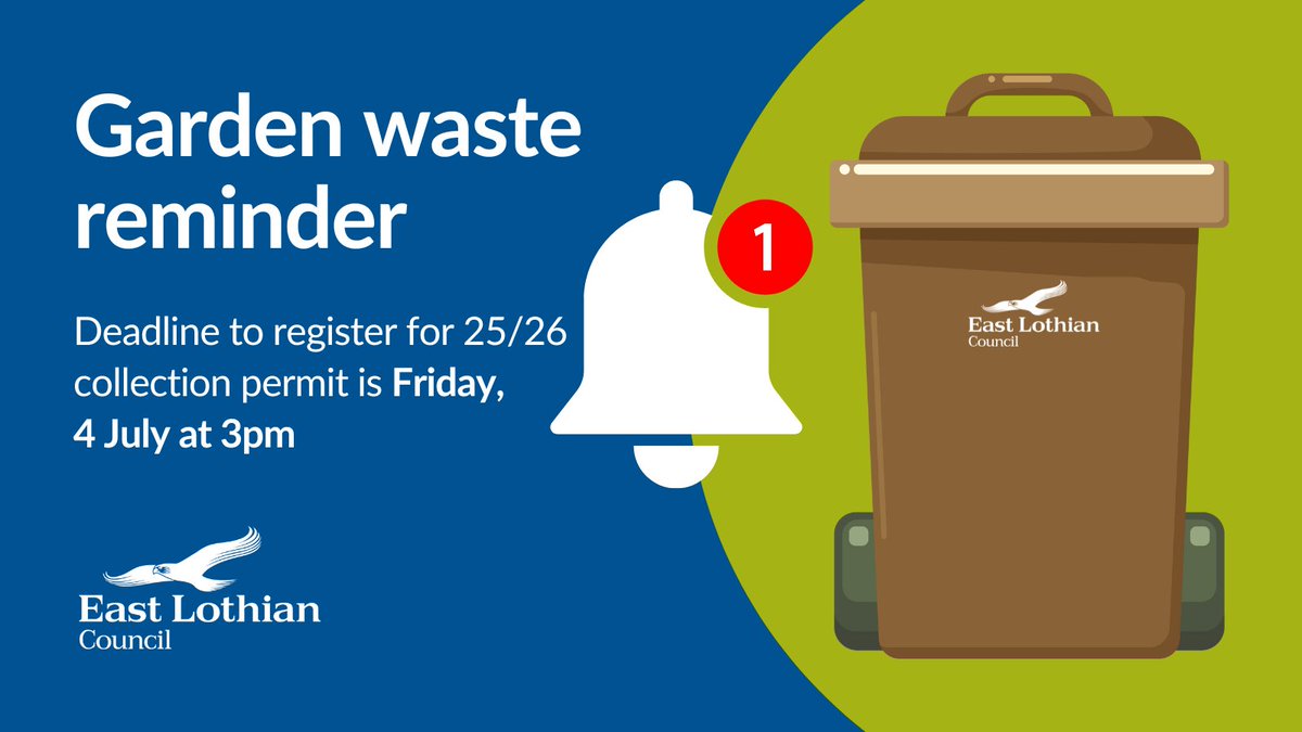 Households are reminded that the deadline to register for a 2025/2026 garden waste permit is next Friday (4 July) at 3pm. Applications can be made using a myeastlothian account on the council’s website with a permit costing £35. There will be no second sign-up window this year.