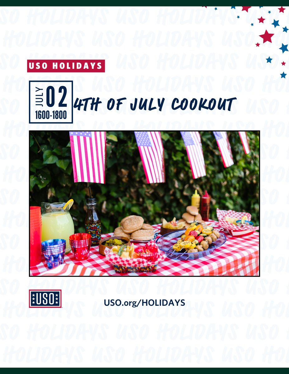 Fort Benning Garrison (@fortbenning) on Twitter photo ๐Hey Fort Benning!
Our USO is kicking off the 4th of July festivities early, with a ๐ญ cookout! Enjoy ๐ถmusic, ๐ธyard games, and hot dogs and popsicles!
๐
Wednesday, July 2
๐ 4 - 6 p.m.
๐USO, 6861 Wold Ave., Bldg. 109
<a href="/CDRFtBenning/">GarrisonFtBenningCDR</a> ๐Hey Fort Benning!
Our USO is kicking off the 4th of July festivities early, with a ๐ญ cookout! Enjoy ๐ถmusic, ๐ธyard games, and hot dogs and popsicles!
๐
Wednesday, July 2
๐ 4 - 6 p.m.
๐USO, 6861 Wold Ave., Bldg. 109
<a href="/CDRFtBenning/">GarrisonFtBenningCDR</a>