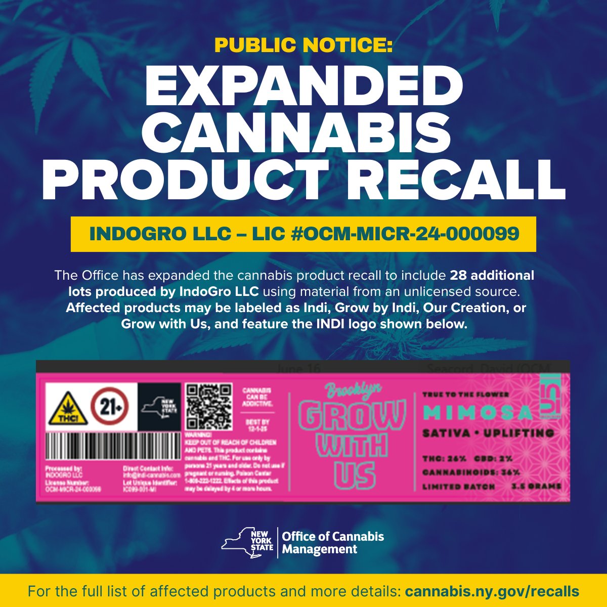 nys_cannabis's tweet image. ⚠️ PUBLIC NOTICE: OCM has expanded the recall of adult-use cannabis products from IndoGro LLC, sold at licensed #NYcannabis dispensaries.
28 additional lots were made with cannabis from an unlicensed source.
📄 For more details: cannabis.ny.gov/recalls