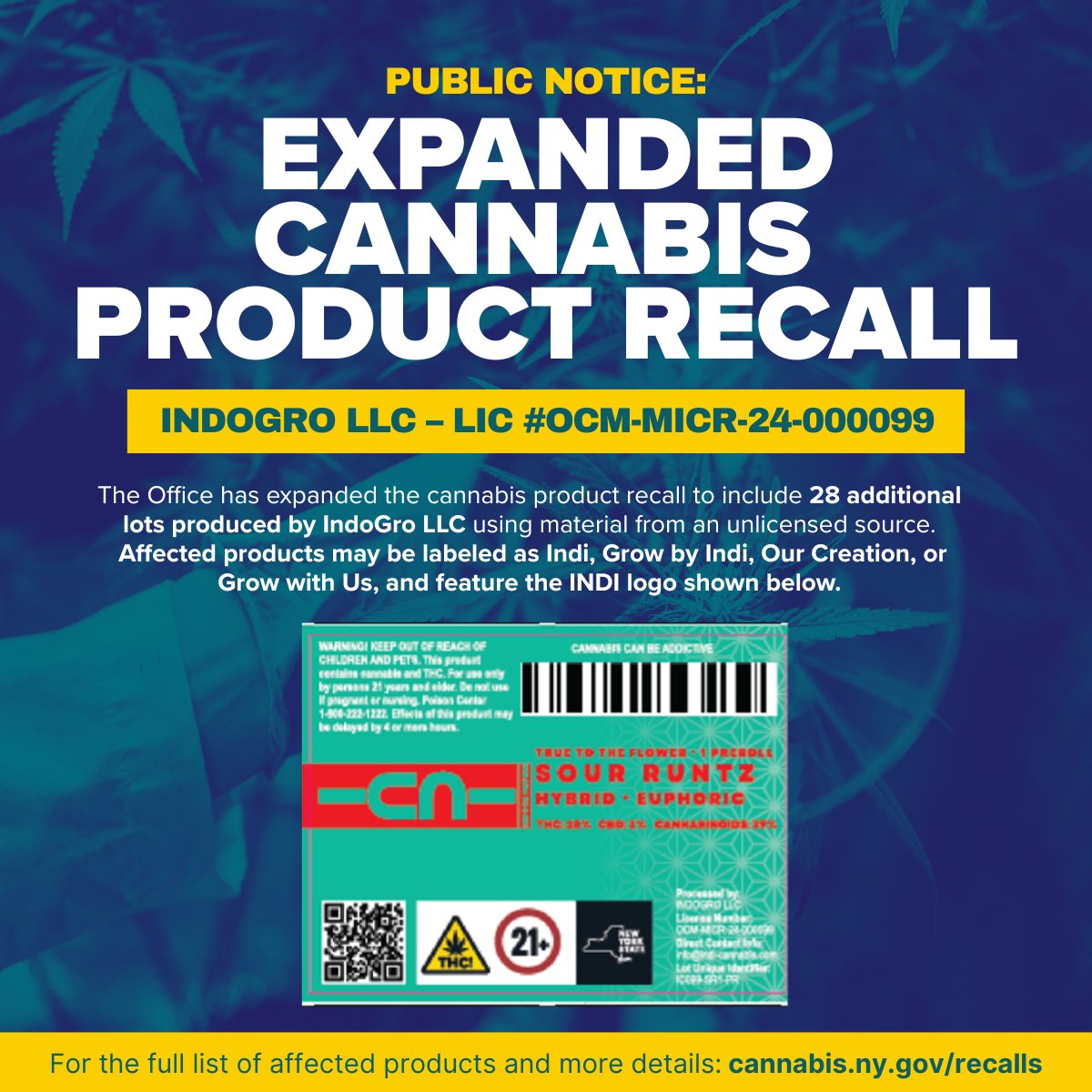 nys_cannabis's tweet image. ⚠️ PUBLIC NOTICE: OCM has expanded the recall of adult-use cannabis products from IndoGro LLC, sold at licensed #NYcannabis dispensaries.
28 additional lots were made with cannabis from an unlicensed source.
📄 For more details: cannabis.ny.gov/recalls