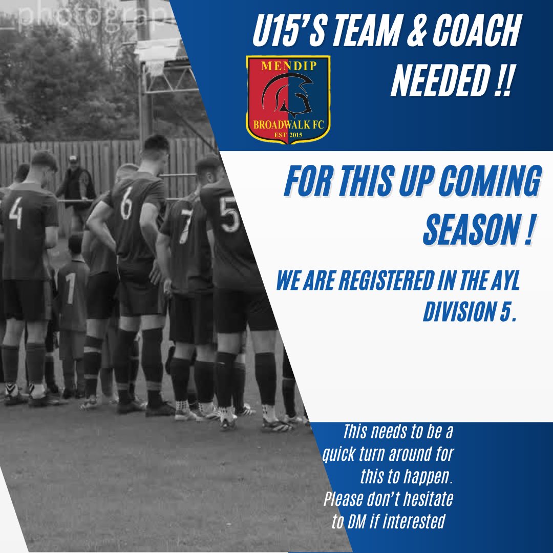 MendipBroadwalk's tweet image. 🔴🔵

Very late in the day - but due to unforeseen circumstances we have lost our U15’s team for the 2025/26 season. 

We have been given a weeks grace by the league to build a new set up. 

Firstly a Manager / Coaches and then of course we need players. 

This is a very big ask…