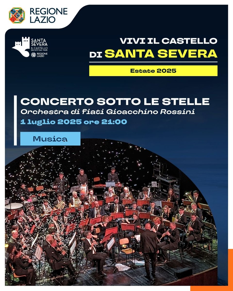 Si alza il sipario sull’estate al Castello di Santa Severa!
Tutto pronto per l’inaugurazione ufficiale, martedì 1° luglio, con un evento speciale sotto le stelle! 
Protagonista della serata sarà la prestigiosa Orchestra di Fiati “Gioacchino Rossini” 
eventbrite.it/.../castello-d…...
