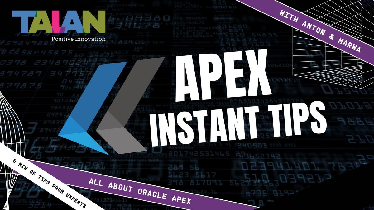 TalanOracleTech's tweet image. It’s Friday, and that means it’s time for #APEXInstantTips! Join Marwa and Anton at 12:05 p.m. ET for another bite-sized tip to sharpen your #orclapex skills. Whether you’re just starting out or a seasoned developer, you’re bound to learn something new.
youtube.com/watch?v=Pf-sUK…