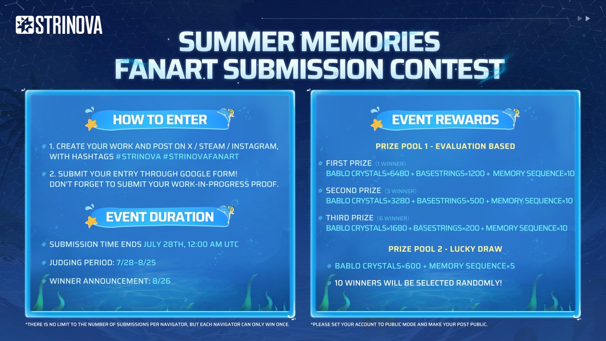 Strinova_EN's tweet image. Capture the magic of summer with your favorite #Strinova Agents!✨ Summer Memories Fanart Contest is NOW LIVE!
🎁Prize Pool: Over 32400 Bablo Crystals, 150 Memory Sequences and more!
⬇️How to enter:
1. Create your fanart and post on X / Steam / Instagram, with hashtags…