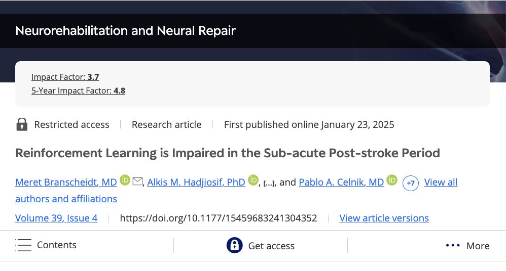 Recently published work found that reinforcement motor learning was impaired in individuals within 3 months after #stroke. The findings are important for optimizing #neurorehabilitation after stroke as some #rehabilitation approaches rely on reinforcement. journals.sagepub.com/doi/abs/10.117…