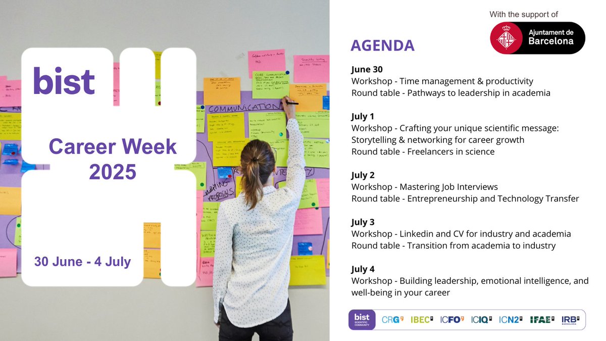 _BIST's tweet image. #BISTCareerWeek2025 starts on Monday!🚀
- Morning workshops
- Afternoon roundtables with science professionals
Free and open to all researchers!
Register here 👉bist.eu/bist-career-we…