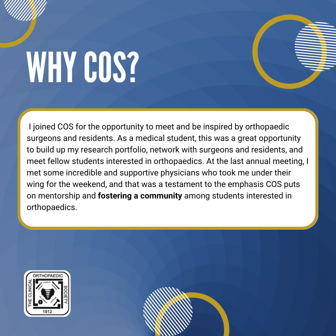 ClinicalOrtho1's tweet image. COS creates space for mentorship, growth, and connection. Just ask Chloe Chose, who left our annual meeting inspired, supported, and even more motivated to pursue orthopaedics. #StudentSpotlight #COSMentorship #FutureSurgeon