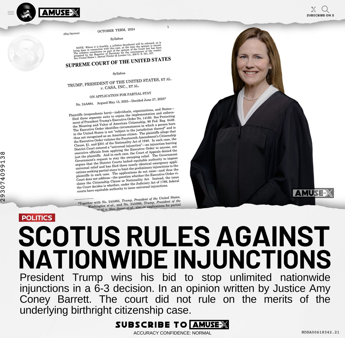 LAWFARE: Huge victory for President Trump from SCOTUS. In a 6-3 decision the court rules against unlimited nationwide injunctions from district court judges. The court did not rule on the birthright citizenship issue.