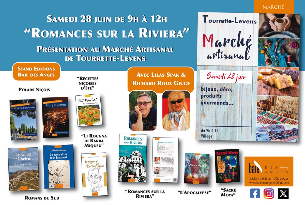 Baie des Anges (@bdaedit) on Twitter photo Nous demain samedi 28 juin c'est Marché Artisanal <a href="/TourretteLevens/">TourretteLevens</a> en (bonne) compagnie Richard Roux Giuge (un enfant du pays) qui dédicacera son livre "Romances sur la Riviera"
<a href="/bdaedit/">Baie des Anges</a> <a href="/Bgasiglia/">Bertrand Gasiglia</a> Nous demain samedi 28 juin c'est Marché Artisanal <a href="/TourretteLevens/">TourretteLevens</a> en (bonne) compagnie Richard Roux Giuge (un enfant du pays) qui dédicacera son livre "Romances sur la Riviera"
<a href="/bdaedit/">Baie des Anges</a> <a href="/Bgasiglia/">Bertrand Gasiglia</a>