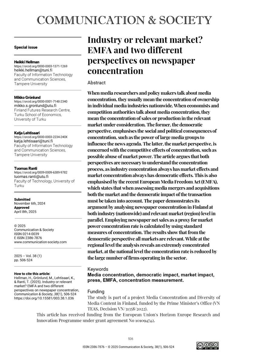 JournalCommSoc's tweet image. 📄“Industry or relevant market? EMFA and two different perspectives on newspaper concentration” by Heikki Hellman, Mikko Grönlund, @koikkal, Tuomas Ranti
doi.org/10.15581/003.3…
#OpenAccess #Communication #Academic #Industry #Market #Media #Concentration