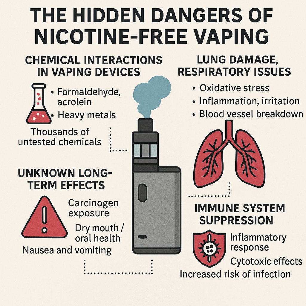 Nicotine-Free Vaping: Dangerous, Unregulated, and Unknown

Many believe nicotine-free vaping is a “safe” alternative—but the truth is far more alarming. These products often contain unregulated chemicals, synthetic additives, and flavoring agents that can cause serious harm to