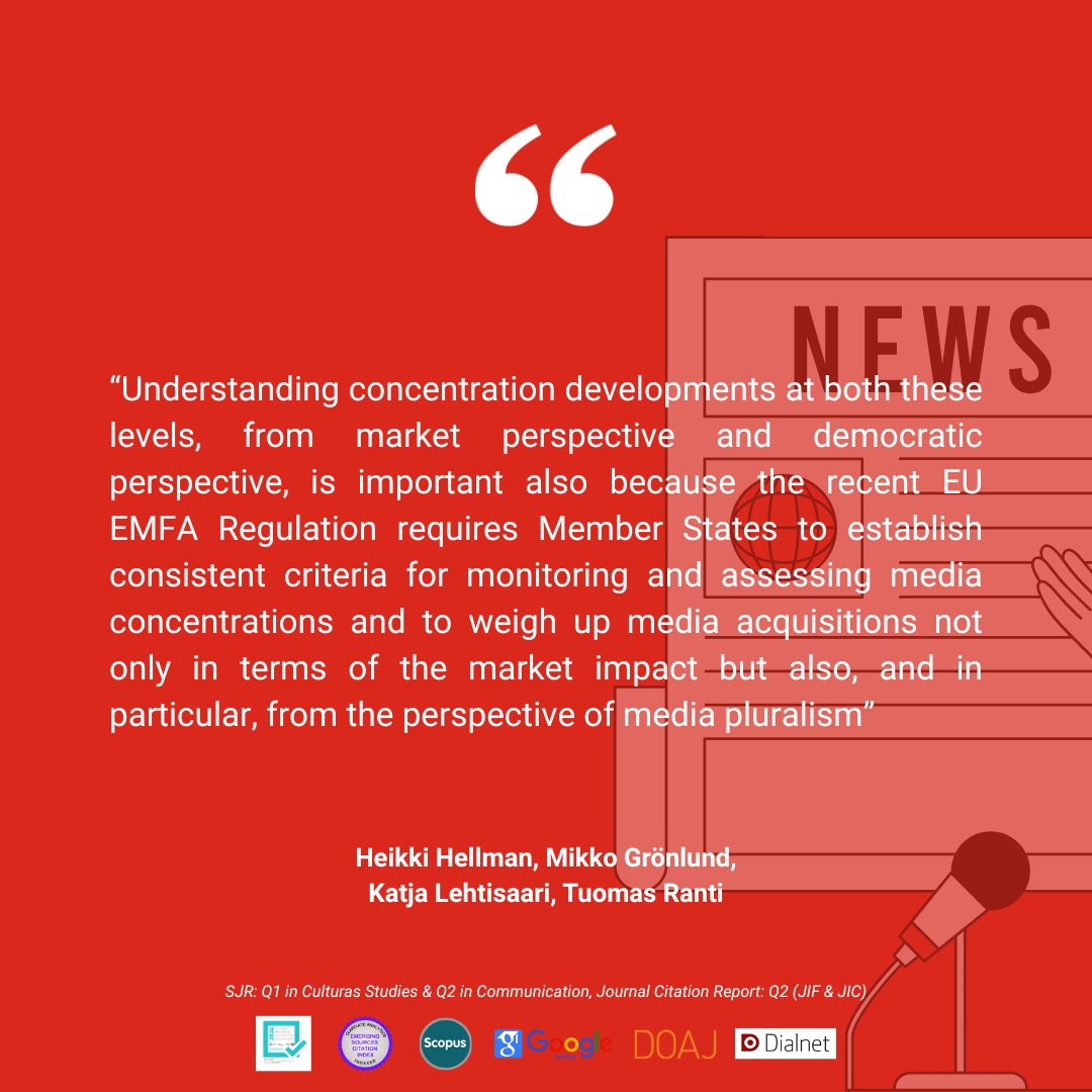 JournalCommSoc's tweet image. 📄“Industry or relevant market? EMFA and two different perspectives on newspaper concentration” by Heikki Hellman, Mikko Grönlund, @koikkal, Tuomas Ranti
doi.org/10.15581/003.3…
#OpenAccess #Communication #Academic #Industry #Market #Media #Concentration