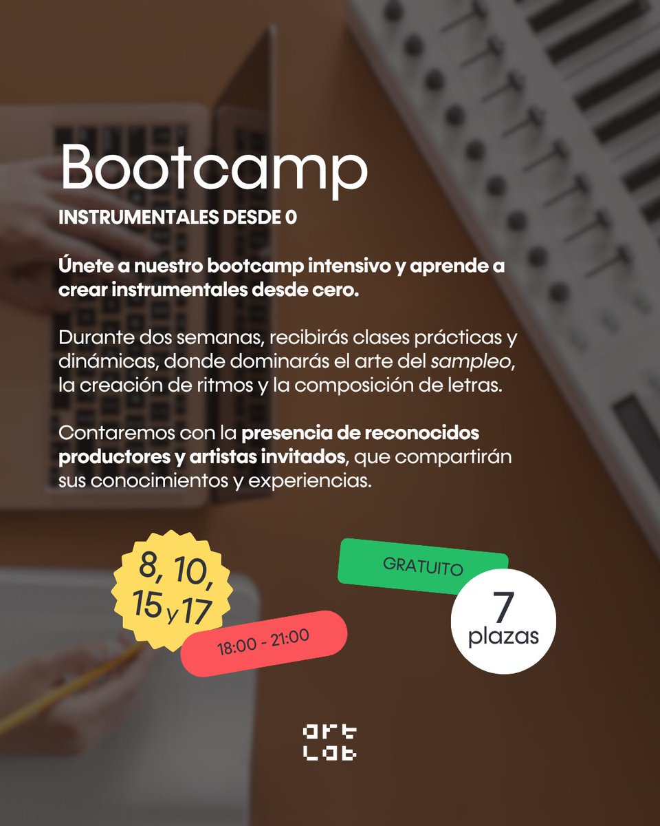 🎛️ JULIO EN ARTLAB: BOOTCAMP - Instrumentales desde 0 🎶 Aprende a crear tus propias instrumentales desde cero.
En 2 semanas intensivas, con productores invitados, sesiones de sampleo, ritmos, letras y mucho más.

🎟️ Gratuito | Solo 7 plazas

🔗 artlabhuesca.org/taller/bootcam…