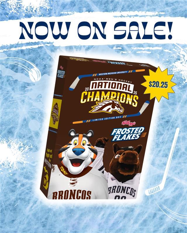 WMUBroncos's tweet image. We are so excited to partner with @KelloggUS to launch the limited-edition commemorative Frosted Flakes cereal box in celebration with @wmuhockey's historic 2025 NCAA Men's Hockey National Championship!
Get yours now while supplies last!
๐ wmubroncos.com/news/2025/6/27โฆ