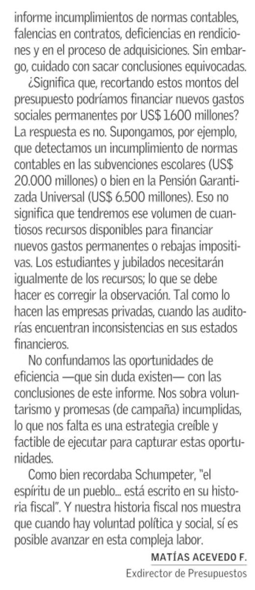 Cómo leer informe de CGR👇
No confundamos las oportunidades de eficiencia-que sin duda existen- con las conclusiones de este informe. Nos sobra voluntarismo y promesas (de campaña) incumplidas, lo que nos falta es una estrategia creíble y factible de ejecutar para capturar estas