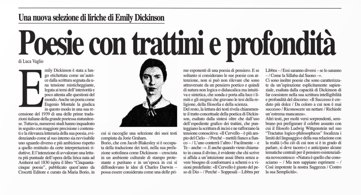 Su <a href="/LaRagione_eu/">La Ragione</a>  scrivo di "Cinquantacinque poesie" di Emily Dickinson (<a href="/crocettieditore/">crocettieditore</a>), a cura di Maria Borio, un libro che evidenzia come l'opera della poetessa statunitense sia segnata da una tensione conoscitiva libera e guidata dall'intuizione #poesia #emilydickinson