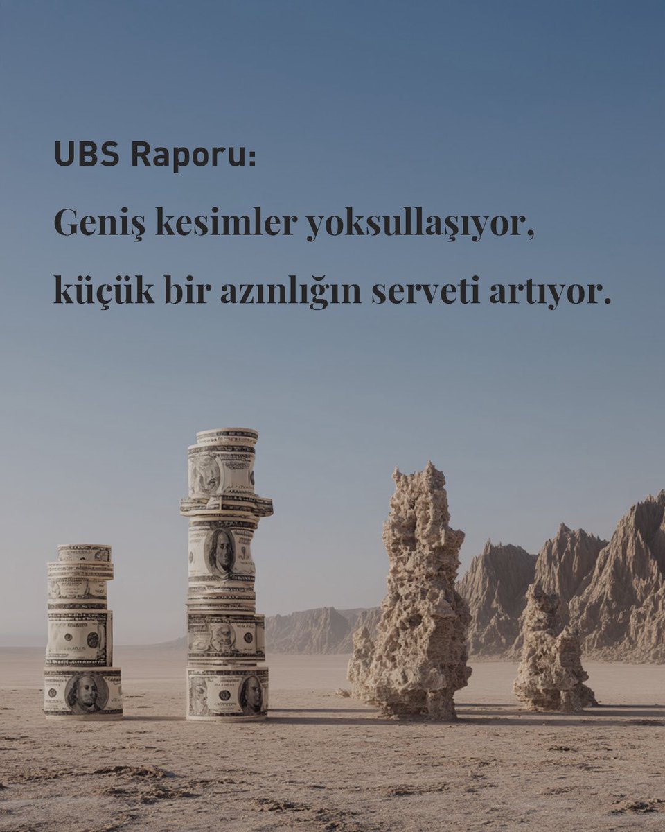 UBS Küresel Servet Raporu'nu gördünüz mü? Çok ilginç veriler var.

📌 Dünyada dolar milyoneri sayısı 684 bin kişi artarken, Türkiye'de 7 bin kişi arttı. Yani dünyada dolar milyoner artışı yüzde 1,2 olurken, Türkiye'de yüzde 8,4 oldu. Birleşik Arap Emirlikleri'nde bile artış oranı