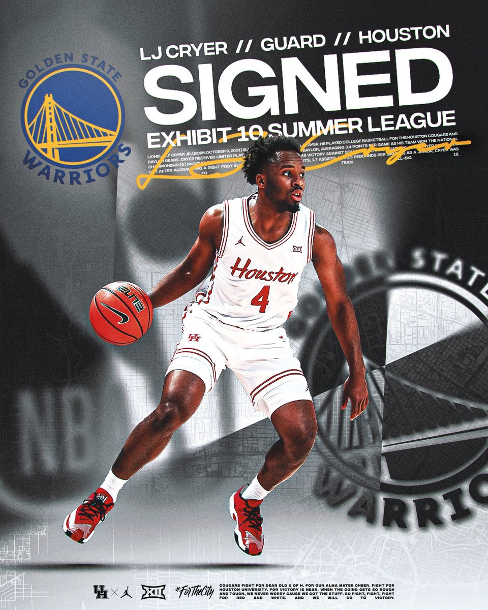Houston Men's Hoops 🏀 🐾 (@uhcougarmbk) on Twitter photo .<a href="/LjCryer/">Lj Cryer</a> has signed an Exhibit 10 contract & will play <a href="/NBASummerLeague/">NBA Summer League</a> with <a href="/warriors/">Golden State Warriors</a>
#ForTheCity x #GoCoogs .<a href="/LjCryer/">Lj Cryer</a> has signed an Exhibit 10 contract & will play <a href="/NBASummerLeague/">NBA Summer League</a> with <a href="/warriors/">Golden State Warriors</a>
#ForTheCity x #GoCoogs
