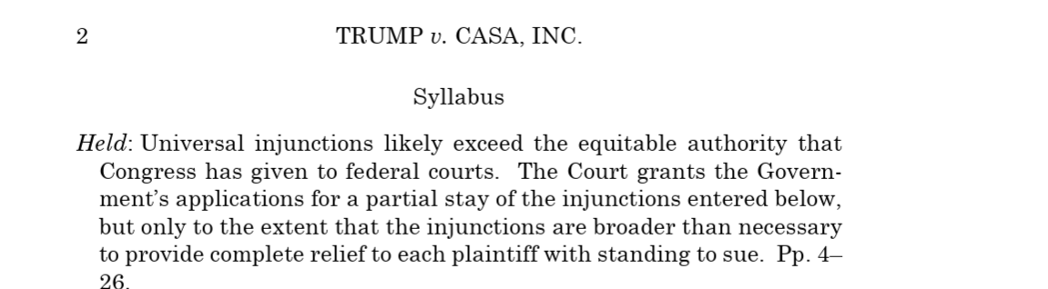 In a 6-3 decision in the birthright citizenship case, Justice Barrett writes for the SCOTUS, and holds that UNIVERSAL INJUNCTIONS ARE IMPROPER AND EXCEED THE POWER OF THE FEDERAL COURTS!! 

THIS IS HUGE!! FINALLY!!