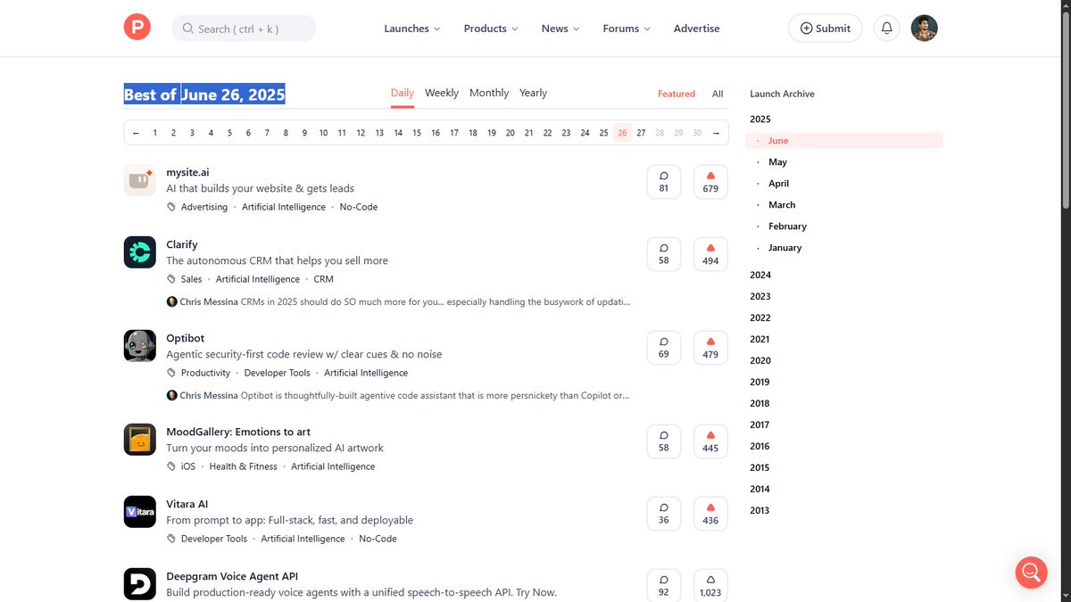 Shanmuka Sai Kiran 𝕏 | Tech | AI | SaaS (@mrsskonline) on Twitter photo Found some insane products on Product Hunt launched on 26, June, 2025
1. Mysite AI <a href="/mysiteai/">mysite.ai</a> <a href="/patpijanowski/">Patryk Pijanowski</a>
2. Clarify <a href="/patrickt010/">Patrick Thompson</a>
3. Optibot <a href="/optimaldotai/">Optibot @ Optimal AI</a> <a href="/IbaMasood/">Iba Masood</a>
4. MoodGallery <a href="/kevinwdavid/">Kevin William David</a>
5. Vitara AI <a href="/VitaraAI/">Vitara.AI</a> <a href="/AshishHParmar/">Ashish Parmar</a>
Go check them out!
#ProductHunt #AI #Tech Found some insane products on Product Hunt launched on 26, June, 2025
1. Mysite AI <a href="/mysiteai/">mysite.ai</a> <a href="/patpijanowski/">Patryk Pijanowski</a>
2. Clarify <a href="/patrickt010/">Patrick Thompson</a>
3. Optibot <a href="/optimaldotai/">Optibot @ Optimal AI</a> <a href="/IbaMasood/">Iba Masood</a>
4. MoodGallery <a href="/kevinwdavid/">Kevin William David</a>
5. Vitara AI <a href="/VitaraAI/">Vitara.AI</a> <a href="/AshishHParmar/">Ashish Parmar</a>
Go check them out!
#ProductHunt #AI #Tech