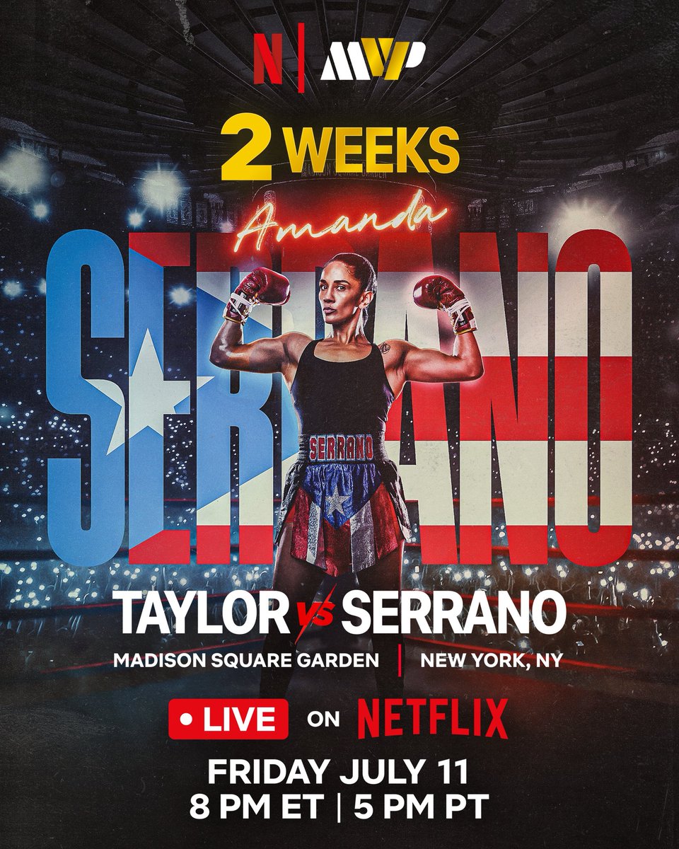 🚨2 WEEKS TO HISTORY🚨

Ladies and gentleman, we are two weeks away from Katie Taylor vs Amanda Serrano, the biggest night in women’s boxing history with 6 championship fights coming to you LIVE on Netflix from Madison Square Garden. 

See yall soon 🥊