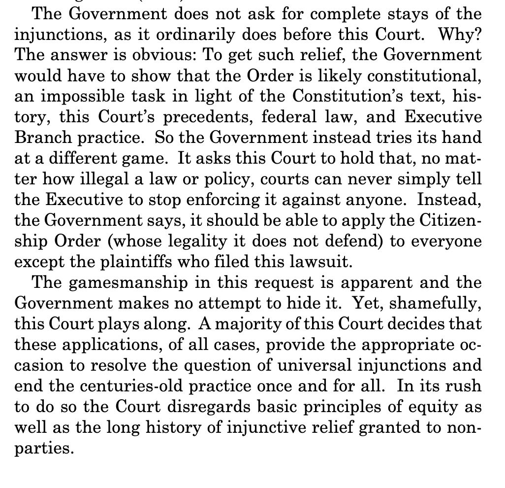 Sotomayor: Trump knew his birthright citizenship order was unconstitutional, so he went after the universal injunctions instead.

"The gamesmanship in this request is apparent and the Government makes no attempt to hide it. Yet, shamefully, this Court plays along."