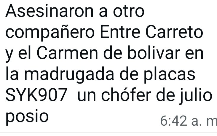 🚨🙏🆘
Continúa MAS@CRE CONTRA CONDUCTORES
JULIO VUELVAS asesinado anoche es el Sexto COMPAÑERO en 5 meses y 
23 en 3.5 años 
dónde <a href="/MinTransporteCo/">MinTransporte</a> <a href="/mindefensa/">Mindefensa</a> <a href="/MinInterior/">MinInterior Colombia</a> <a href="/maferojas/">Mafe Rojas</a>  <a href="/PedroSanchezCol/">Pedro Arnulfo Sanchez S. Orgullosamente Colombiano</a> BRILLA INDOLENCIA Y CERO ACCIONES 
<a href="/petrogustavo/">Gustavo Petro</a> dónde están las tropas q