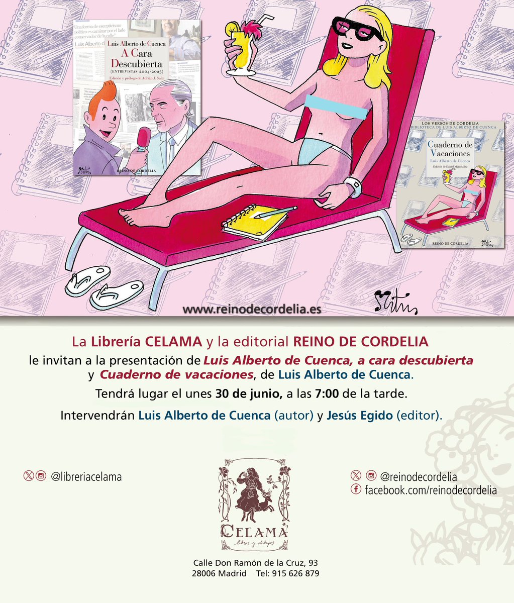 Librería Celama (@libreriacelama) on Twitter photo Este lunes 30 recibiremos a Luis Alberto de Cuenca en una doble presentación: «A cara descubierta» (antología de entrevistas) y «Cuaderno de vacaciones» (antología de poemas). Estará acompañado por Jesús Egido, editor de <a href="/reinodecordelia/">Reino de Cordelia</a>.
¡Os esperamos! Este lunes 30 recibiremos a Luis Alberto de Cuenca en una doble presentación: «A cara descubierta» (antología de entrevistas) y «Cuaderno de vacaciones» (antología de poemas). Estará acompañado por Jesús Egido, editor de <a href="/reinodecordelia/">Reino de Cordelia</a>.
¡Os esperamos!