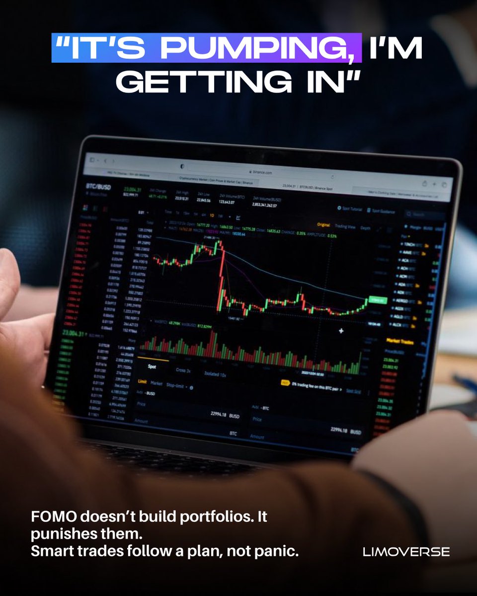 limoverseglobal's tweet photo. “It’s going up, I’m going in” — sound familiar?
That’s not strategy, that’s your FOMO chasing green candles! 📉

In Web3 or wellness, the smart ones follow the plan, not the panic.

Think long-term. Move with intention! 💪🏻 https://t.co/OYK9Hj2Uda