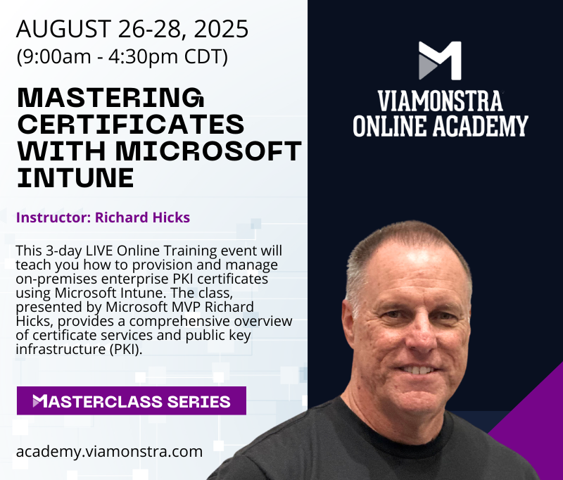 Richard Hicks (@richardhicks) on Twitter photo Coming soon! Mastering Certificates with Intune August 26-28, 2025 <a href="/viamonstra/">ViaMonstra</a> online training academy. Deep dive into PKCS, SCEP, NDES, #CloudPKI, and more. Register now! #PKI #mintune rmhci.co/3I3eYE6 Coming soon! Mastering Certificates with Intune August 26-28, 2025 <a href="/viamonstra/">ViaMonstra</a> online training academy. Deep dive into PKCS, SCEP, NDES, #CloudPKI, and more. Register now! #PKI #mintune rmhci.co/3I3eYE6