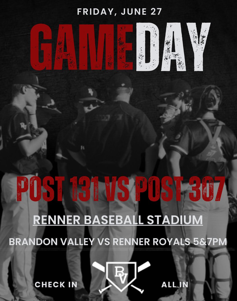 🚨GAME DAY!🚨

Friday Night Lights: Post 131 head to Post 307 for a Friday Night Double Header 5&amp;7pm

📍Renner Baseball Stadium
🆚 Renner Royals

CHECK IN - ALL IN