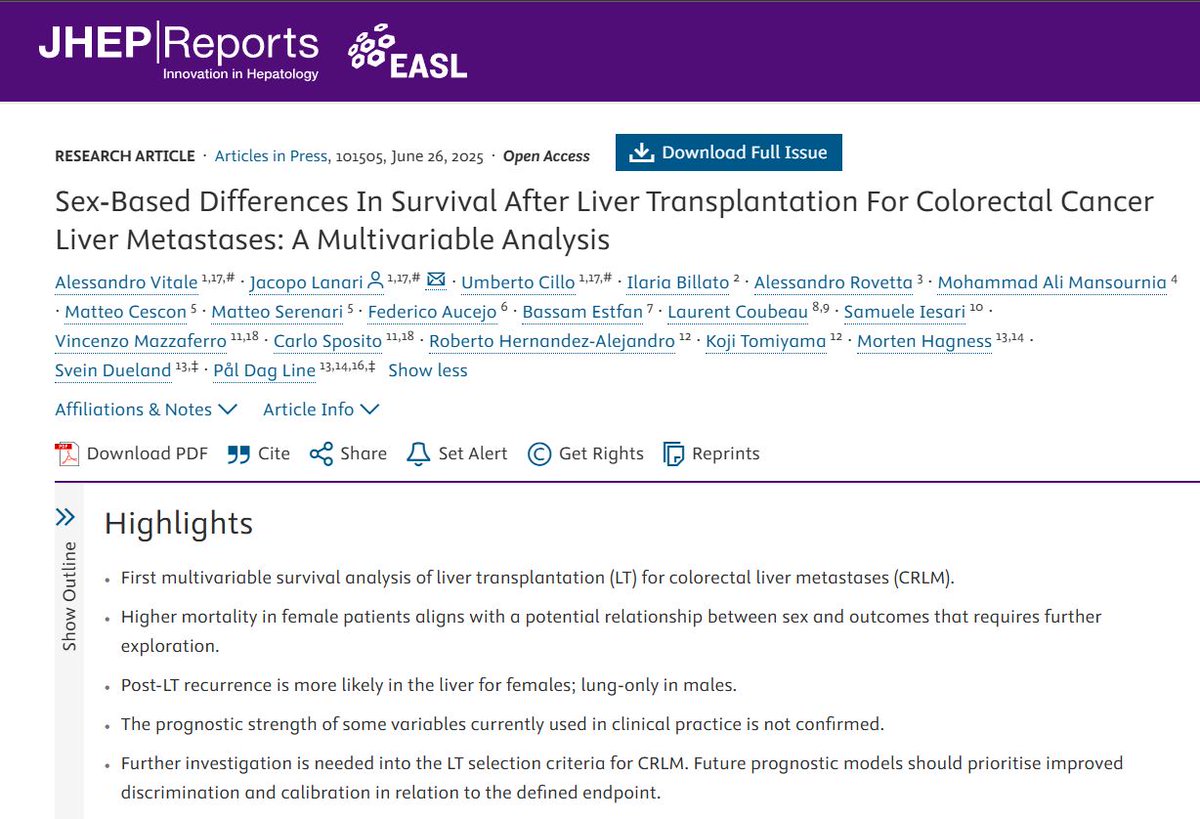 Excited to share our new publication, the result of a great international effort. First multivariable analysis in the field, revealing sex-related effects on outcomes. Grateful to all co-authors—our team keeps pushing liver transplant research forward! doi.org/10.1016/j.jhep…