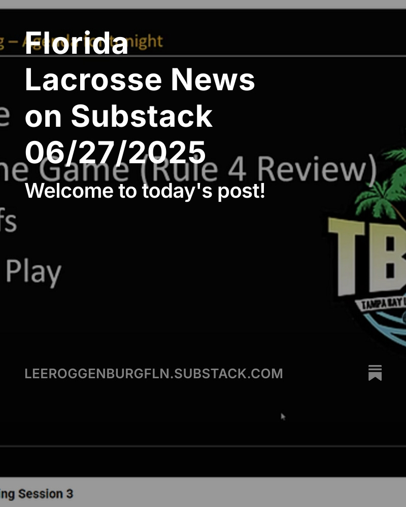 FloridaLacrosseNews (@floridalx) on Twitter photo Florida Lacrosse News on Substack 06/27/2025 open.substack.com/pub/leeroggenb… 
<a href="/TampaLacrosse/">Tampa Lacrosse</a> <a href="/tampalaxreport/">Tampa Lax Report</a> <a href="/laxdefensecoach/">laxdefensecoach</a> <a href="/ILWomen/">ILWomen</a> <a href="/IWLCA/">IWLCA</a> <a href="/BookerCorrigan/">Booker Corrigan 🌎</a> <a href="/TBLaxRefs/">Tampa Bay Lacrosse Officials Association</a> <a href="/PremierLacrosse/">Premier Lacrosse League</a> <a href="/SportsBrevard/">BrevardSportsNetwork</a> <a href="/NCAALAX/">NCAA Lacrosse</a> <a href="/Tufts_Lacrosse/">Tufts Lacrosse</a> <a href="/atlantic10/">Atlantic 10 Conference</a> <a href="/LacrosseDraws/">AT</a> <a href="/fslca/">Florida State Lacrosse Coaches Association</a> <a href="/LAX_239/">LAX_239</a> Florida Lacrosse News on Substack 06/27/2025 open.substack.com/pub/leeroggenb… 
<a href="/TampaLacrosse/">Tampa Lacrosse</a> <a href="/tampalaxreport/">Tampa Lax Report</a> <a href="/laxdefensecoach/">laxdefensecoach</a> <a href="/ILWomen/">ILWomen</a> <a href="/IWLCA/">IWLCA</a> <a href="/BookerCorrigan/">Booker Corrigan 🌎</a> <a href="/TBLaxRefs/">Tampa Bay Lacrosse Officials Association</a> <a href="/PremierLacrosse/">Premier Lacrosse League</a> <a href="/SportsBrevard/">BrevardSportsNetwork</a> <a href="/NCAALAX/">NCAA Lacrosse</a> <a href="/Tufts_Lacrosse/">Tufts Lacrosse</a> <a href="/atlantic10/">Atlantic 10 Conference</a> <a href="/LacrosseDraws/">AT</a> <a href="/fslca/">Florida State Lacrosse Coaches Association</a> <a href="/LAX_239/">LAX_239</a>