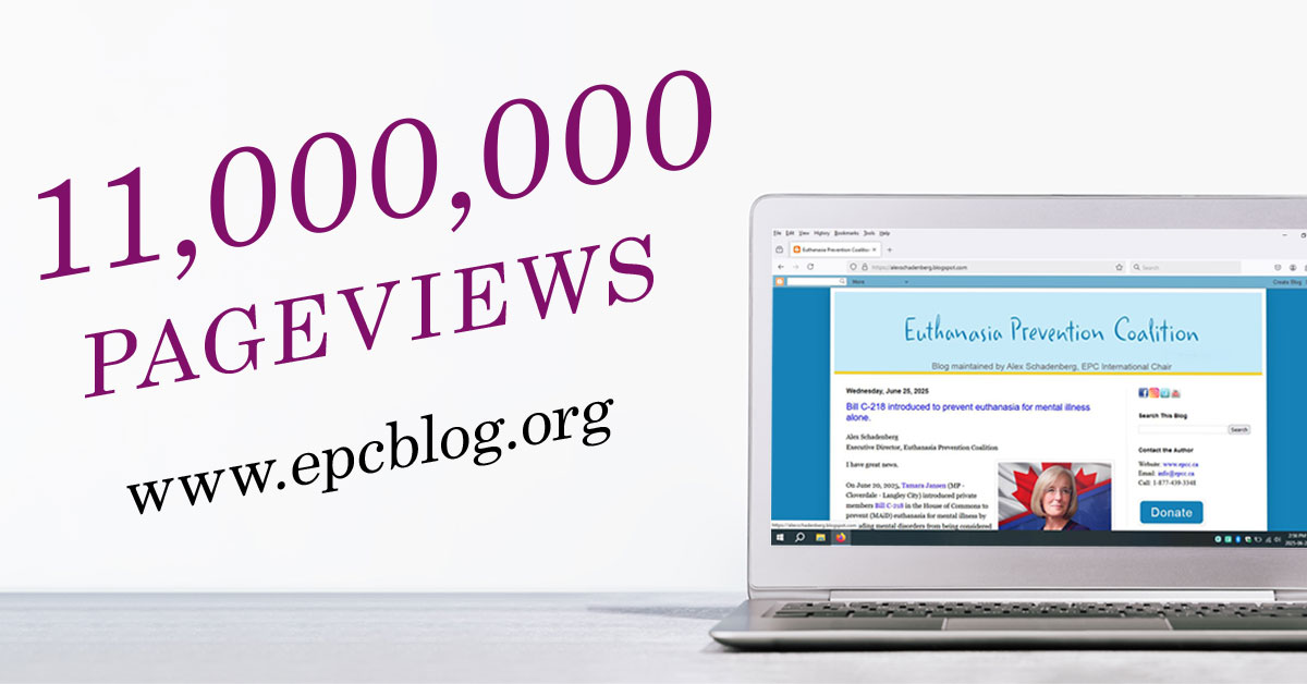 We have great news. Last month the EPC blog surpassed 10 Million hits. Yesterday it surpassed 11 Million hits. The readership is related to the euthanasia and assisted suicide debates around the world, as the blog indicates the readership is international. epcblog.org