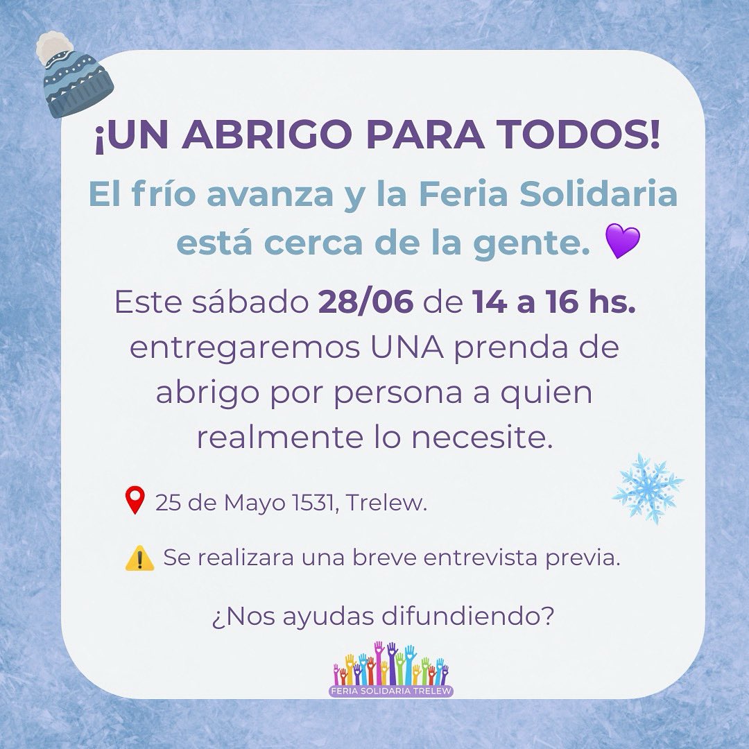 FeriaTrelew's tweet photo. 🧥 Este sábado 28/06, de 14 a 16 hs, entregamos una prenda de abrigo a quien realmente lo necesite.

📍 25 de Mayo 1531
⚠️ Breve entrevista previa al ingreso.

Un abrigo para todos 💜 #FeriaSolidariaTrelew https://t.co/IMDOmEdzNT