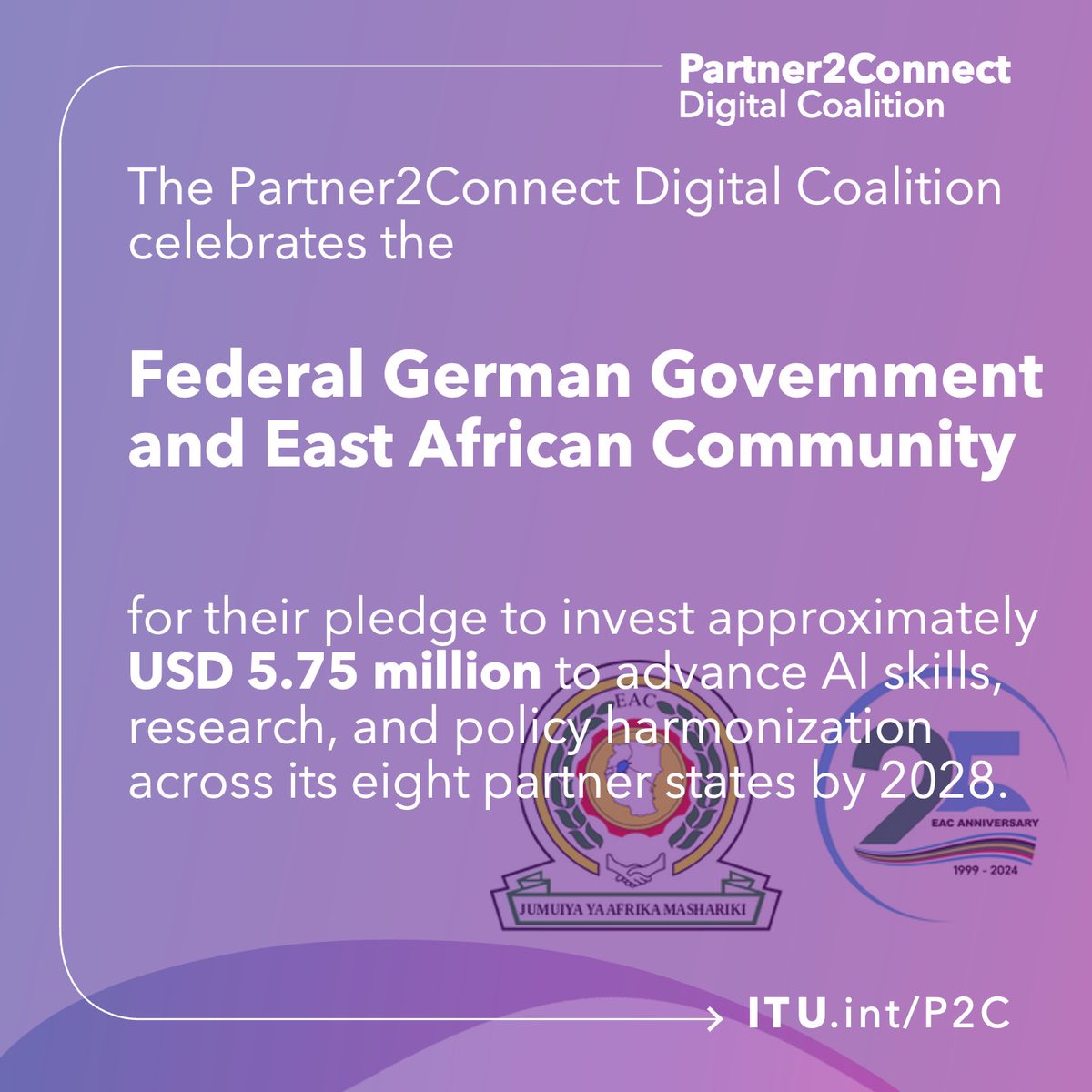 Intโl Telecommunication Union (@itu) on Twitter photo New #Partner2Connect pledge:
EAC <a href="/jumuiya/">East African Community</a>, supported by <a href="/BMZ_Bund/">Bundesentwicklungsministerium</a>, commits USD 5.75 million to boost AI skilling, research + strategy in East Africa.
Target: Train 50,000 individuals + 10,000 researchers/students, and open new opportunities for women + youth via EAC AI Alliance New #Partner2Connect pledge:
EAC <a href="/jumuiya/">East African Community</a>, supported by <a href="/BMZ_Bund/">Bundesentwicklungsministerium</a>, commits USD 5.75 million to boost AI skilling, research + strategy in East Africa.
Target: Train 50,000 individuals + 10,000 researchers/students, and open new opportunities for women + youth via EAC AI Alliance