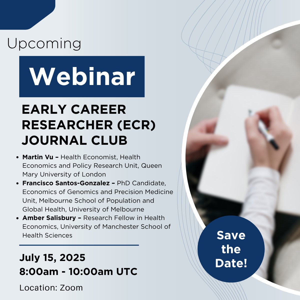 Join the upcoming #IHEA Econ-Omics #ECR Journal Club on July 15 (8–10am UTC), featuring presentations on clinical metagenomics, functional genomics in rare diseases, and prenatal screening models. A senior health economist will lead the discussion. healtheconomics.org/event/early-ca…