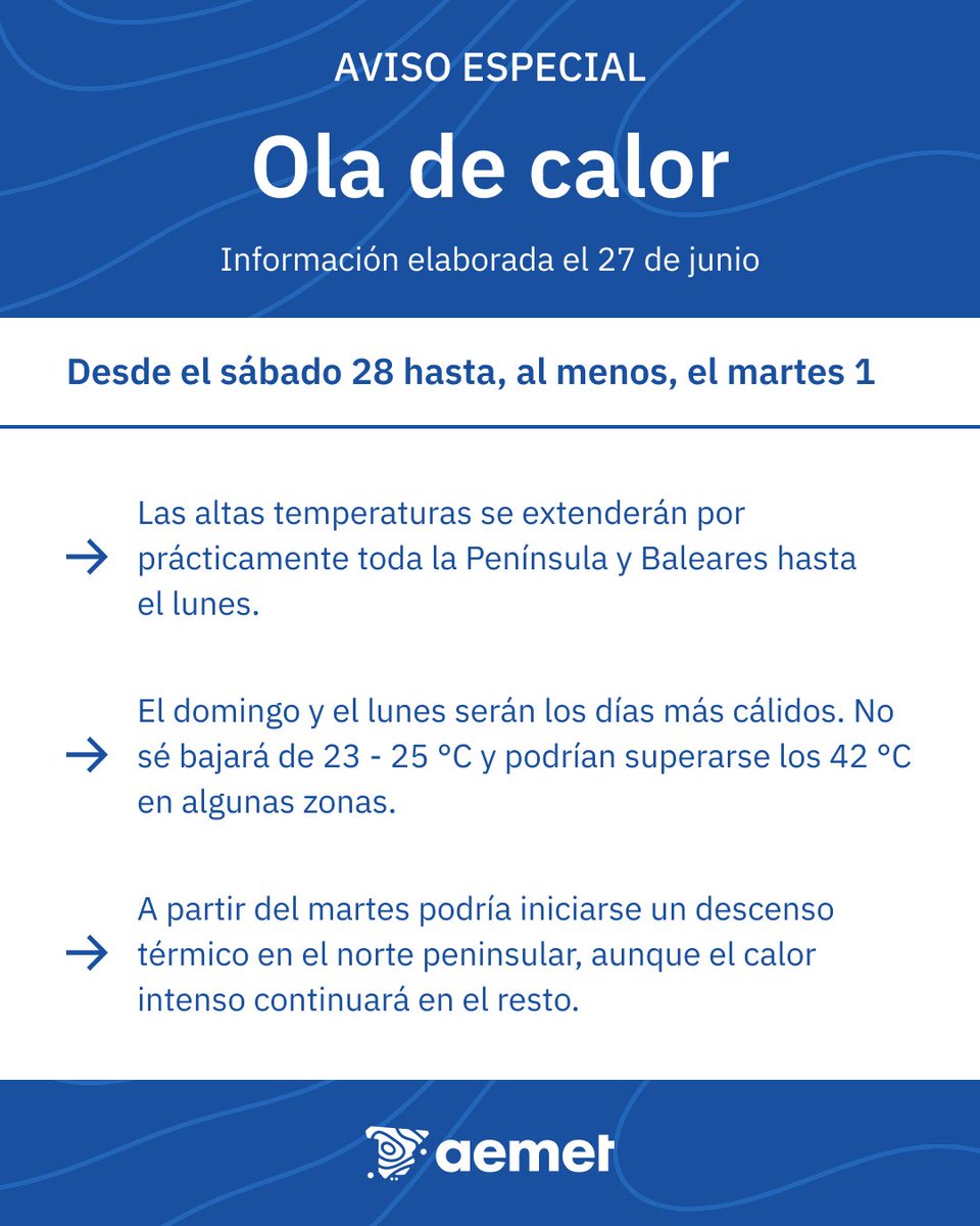 ⚠️ CALOR INTENSA 
DURANT ELS PROPERS DIES 🌡️🥵
Un ampli anticicló a nivells mitjans i alts procedent de l'interior del continent africà s'estendrà fins a abastar el nostre territori els propers dies. 
Amb això es produirà una situació d'elevada estabilitat, unida a l'elevada