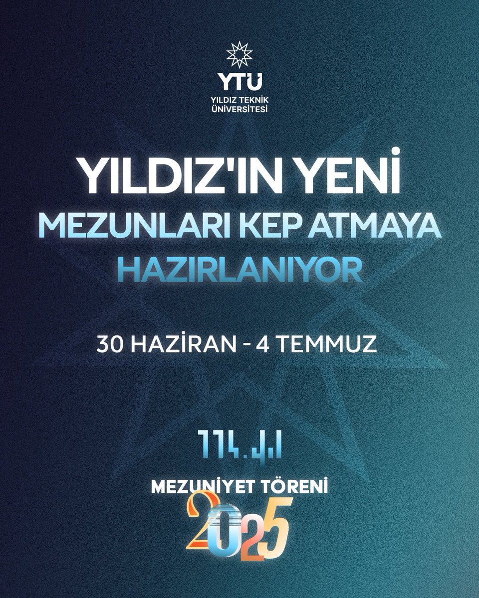 YildizEdu's tweet photo. 114 yıllık köklü geleneğe sahip Üniversitemizde eğitimlerini tamamlayan lisans ve lisansüstü öğrencilerimiz, 2025 Mezuniyet Töreninde başarılarını taçlandıracak...

Öğrencilerimizi tebrik ediyor, Yıldız aidiyetiyle sürdürecekleri hayatta başarılarının devamını diliyoruz. 

Detaylı bilgi ve program için link 👇🏻
https://t.co/kH56qLIcWY

#YTÜ #TürkiyeninYıldızı #Mezuniyet2025