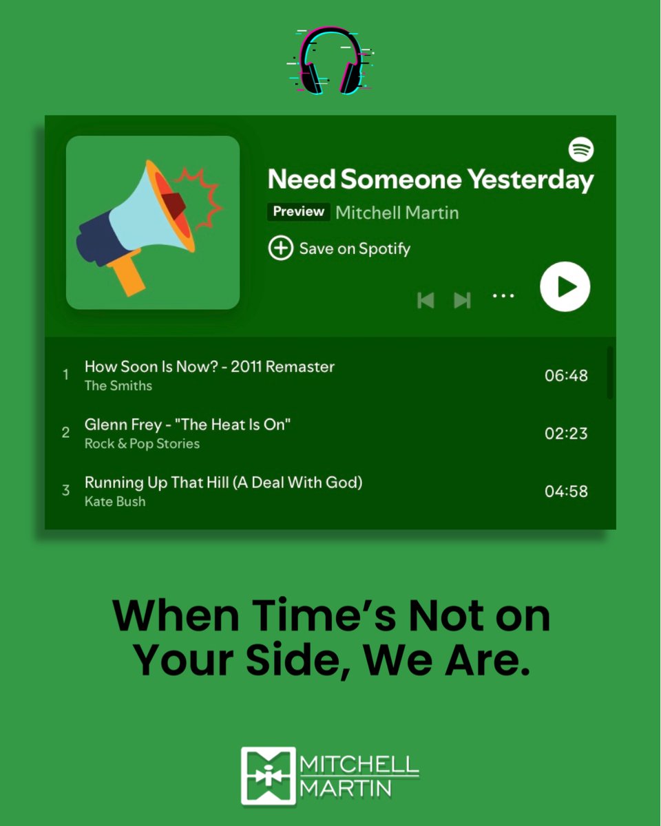 When you're already behind and the headcount still isn't filled — we get it.The clock’s ticking, and sometimes you need a candidate yesterday.
That’s where we step in — delivering the right person fast, without sacrificing fit.

open.spotify.com/playlist/4kAjJ…