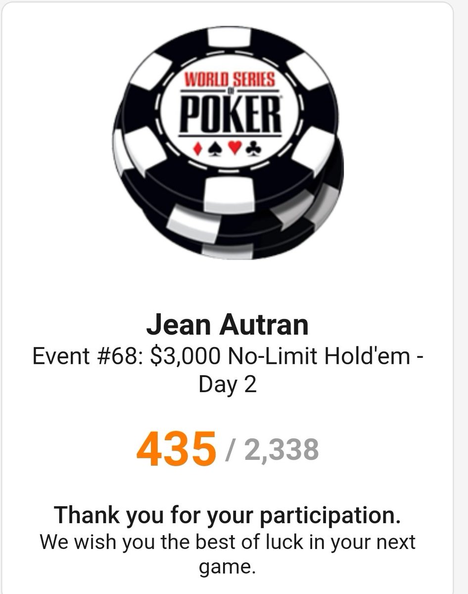 WSOP Day 22/40 : Pas d'itm sur le 3K 😕
Je saute 435 pour 350 payés au niveau 14 (la bulle éclatera fin du niveau 16)

J'avais 28bb, j'en perds 22 TT < AKo inévitable, et les 6 dernières la main suivante KTs < A7s