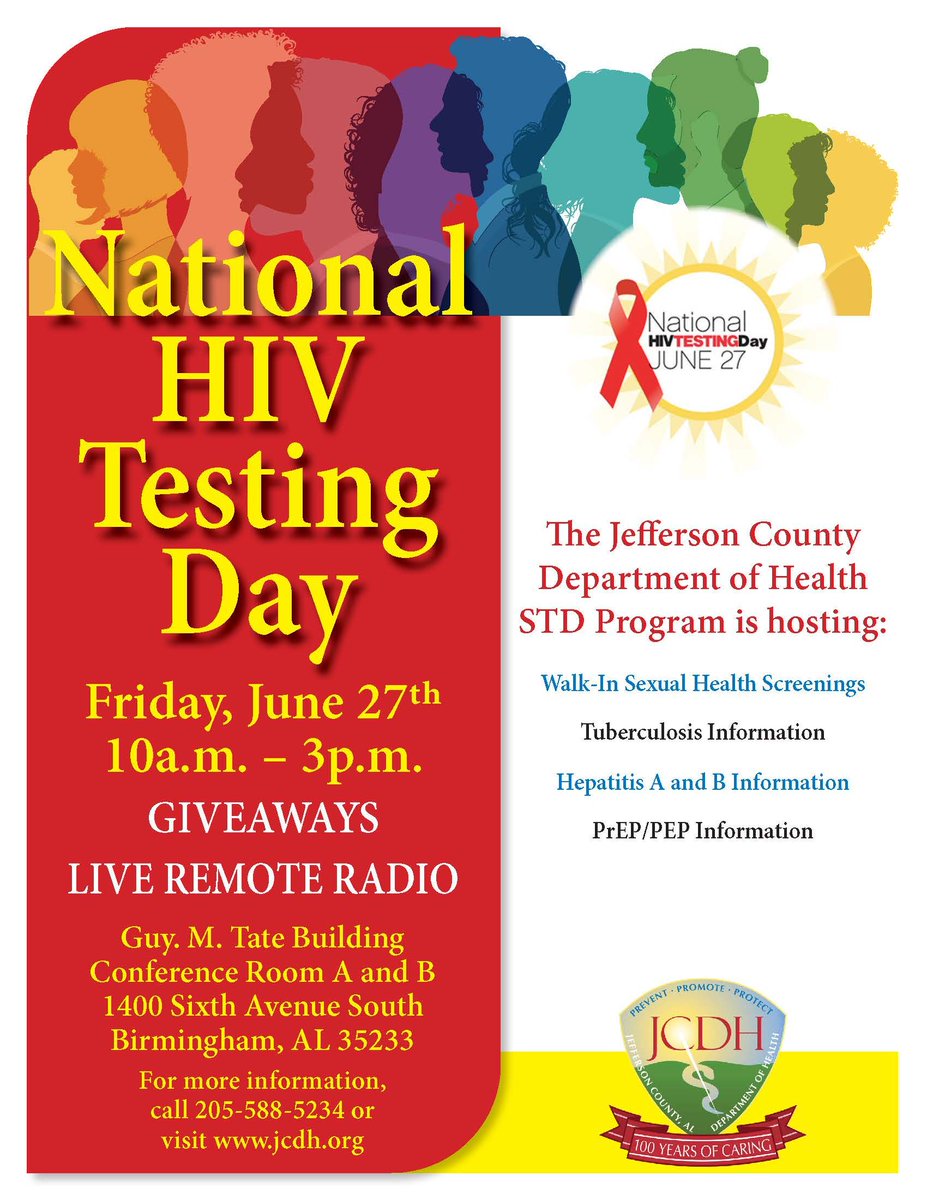 Today is #NationalHIVTestingDay on join us from 10 AM to 3 PM at Central Health Center, 1400 Sixth Ave S. Screenings for HIV, syphilis, gonorrhea, chlamydia, and trichomoniasis will be available. We also offer information and services on HIV PrEP &amp; PEP. No appointment needed!